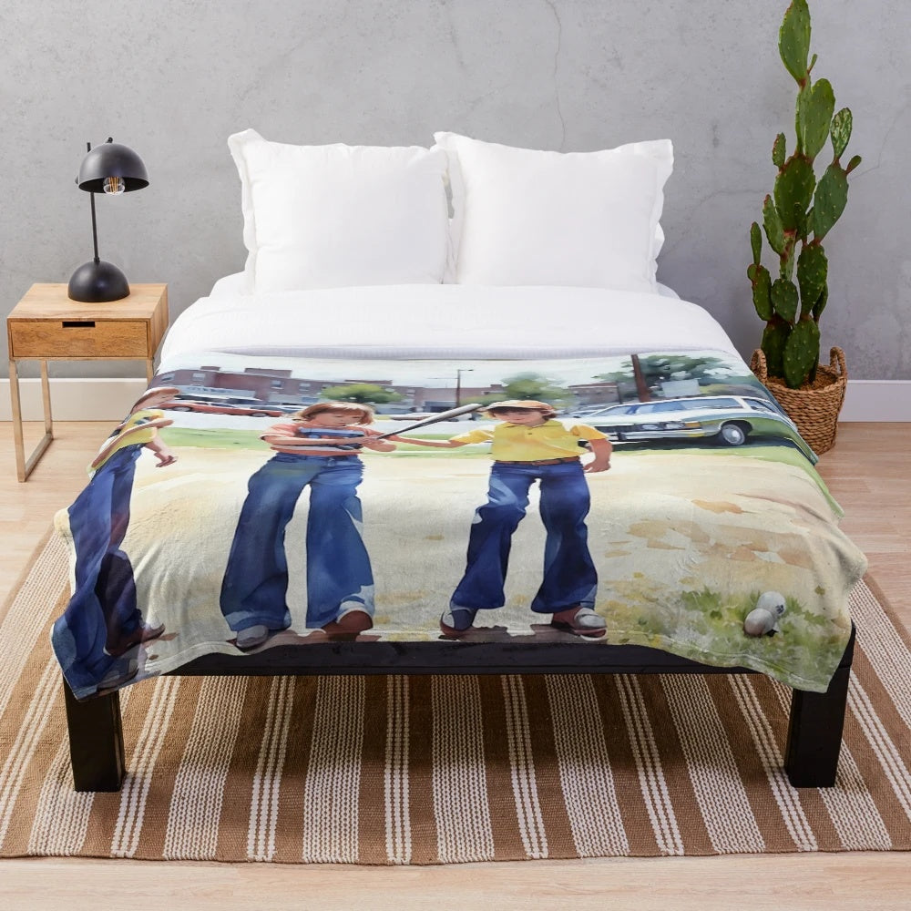Plush blanket featuring a vintage baseball scene with kids playing the game