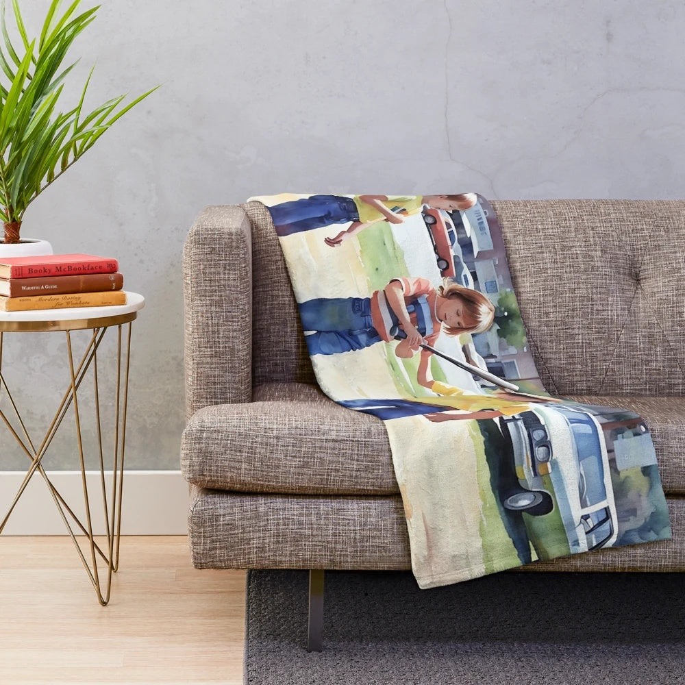 Plush blanket featuring a vintage baseball scene with kids playing the game