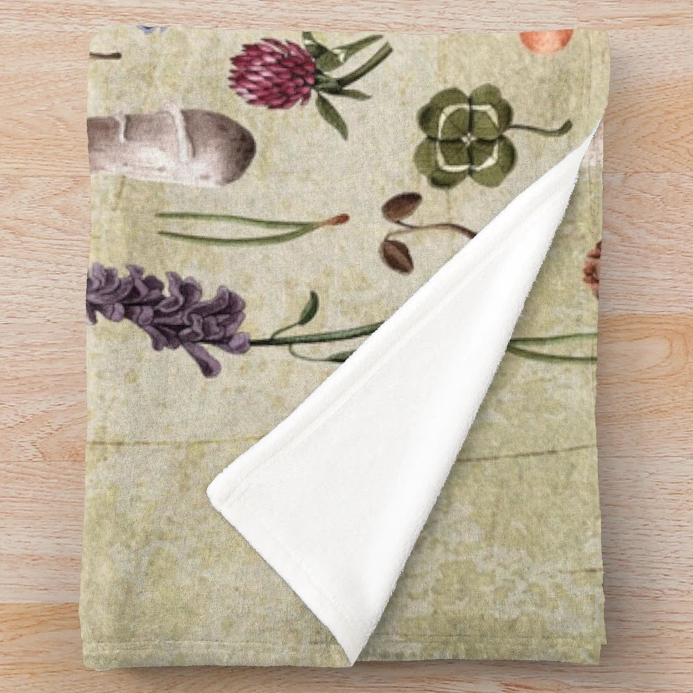 Retro-inspired floral plush blanket with botanical mushrooms and wildflowers