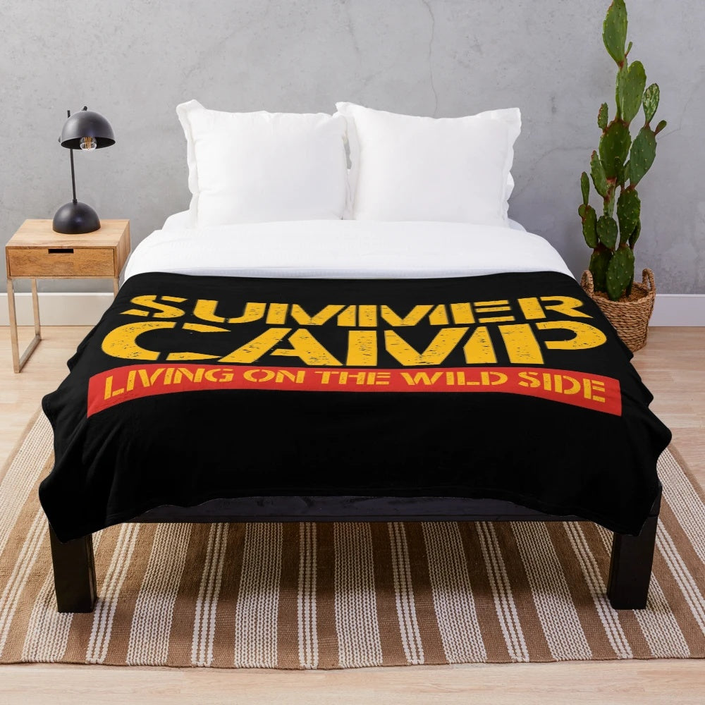 Retro camping-themed plush blanket