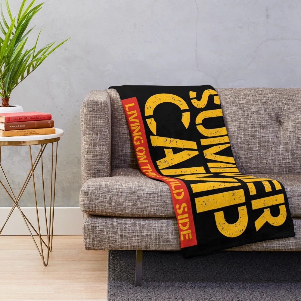 Retro camping-themed plush blanket