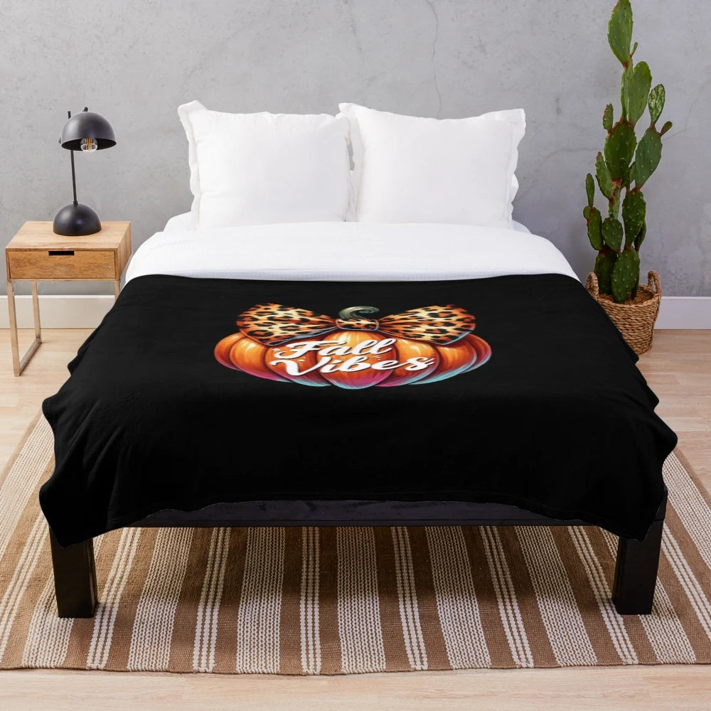 Retro fall plush blanket with pumpkin and leopard bow design