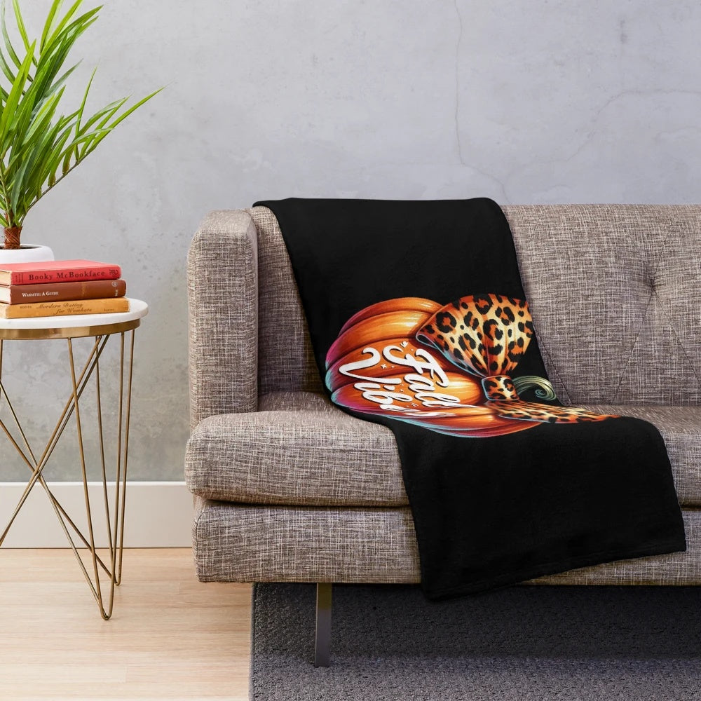 Retro fall plush blanket with pumpkin and leopard bow design