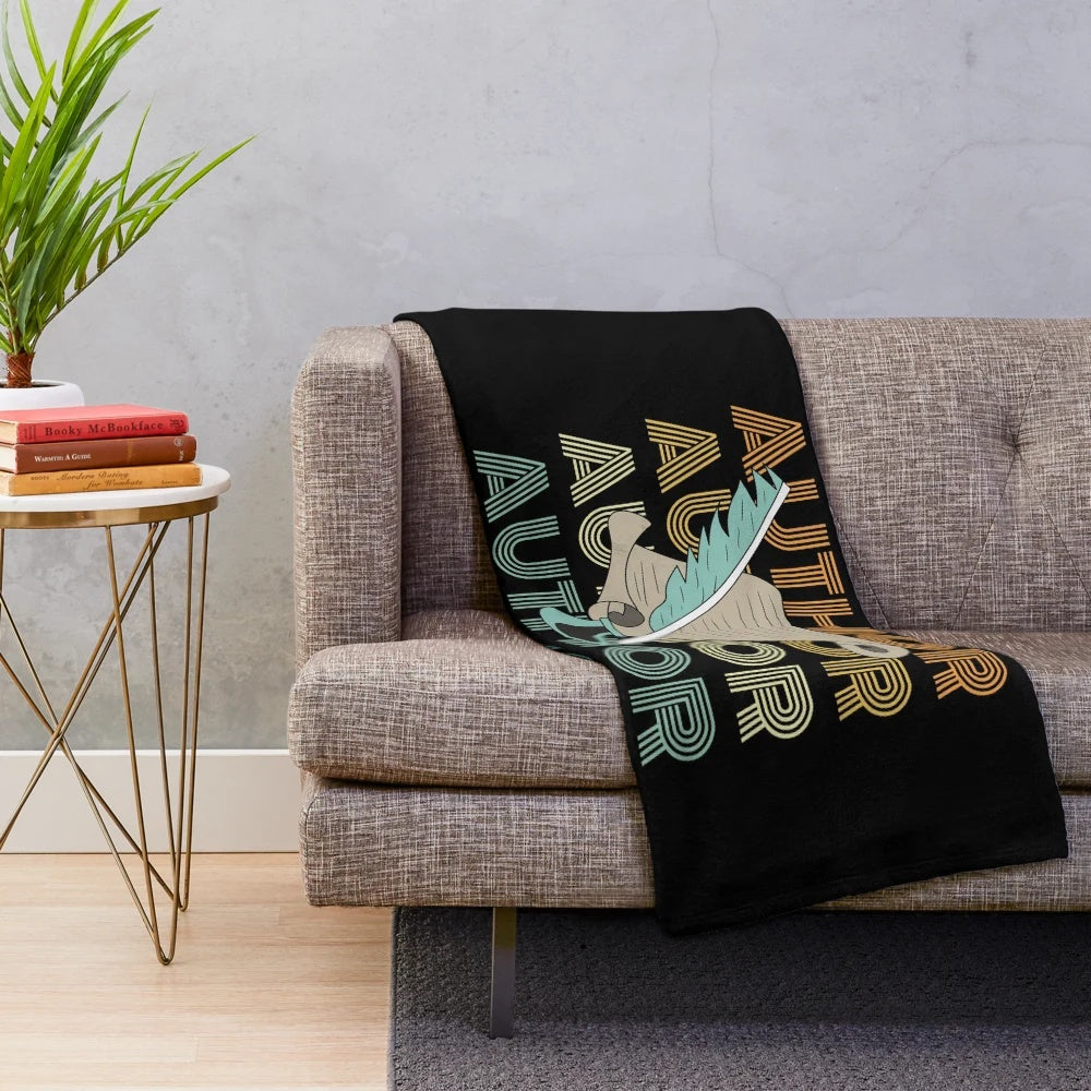 Plush blanket with retro feather pen, ink, and paper design for authors and writers