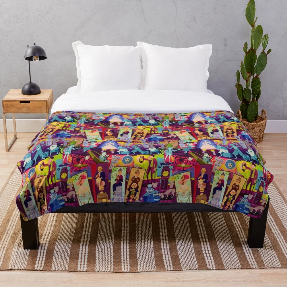 Retro style plush blanket featuring a collage of haunted mansion imagery