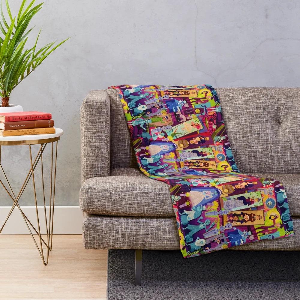 Retro style plush blanket featuring a collage of haunted mansion imagery