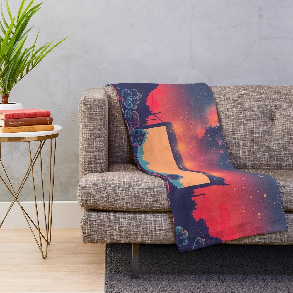 Cinematic Skies Plush Blanket featuring a retro movie and car theater design