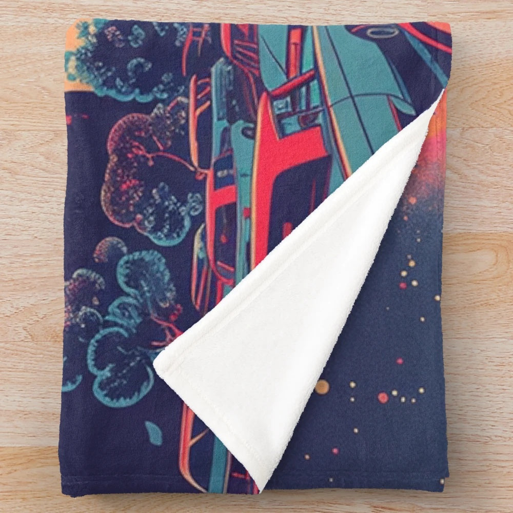 Cinematic Skies Plush Blanket featuring a retro movie and car theater design