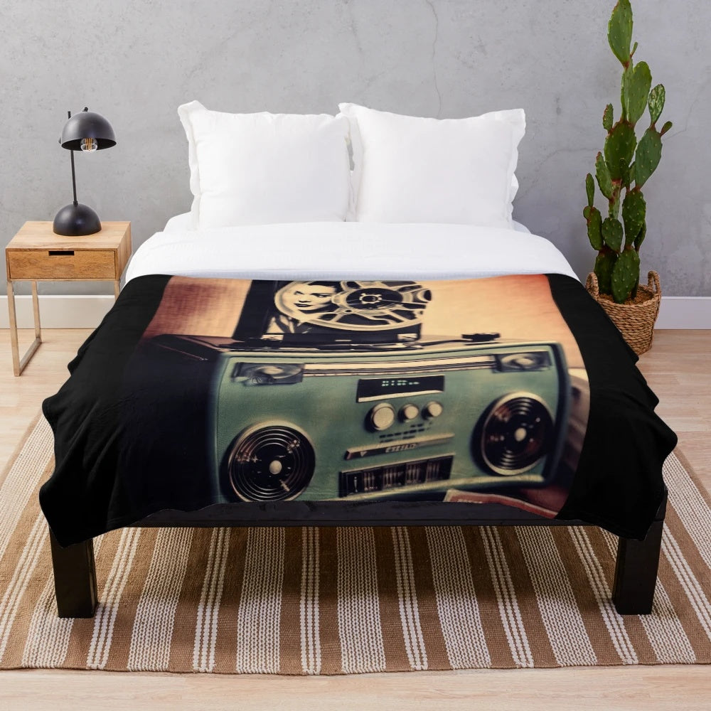 Retro movie themed plush blanket with classic cinema design