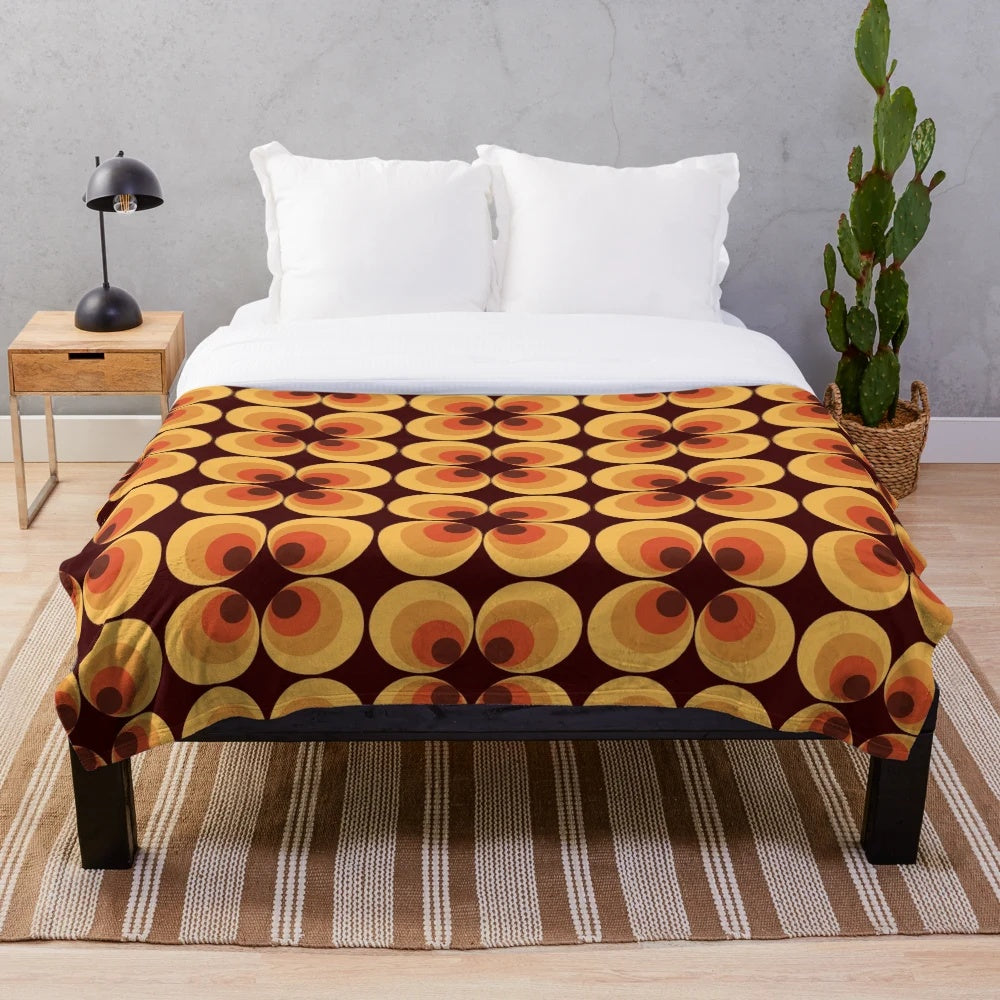 Retro orange plush blanket with circles and 70s aesthetic pattern