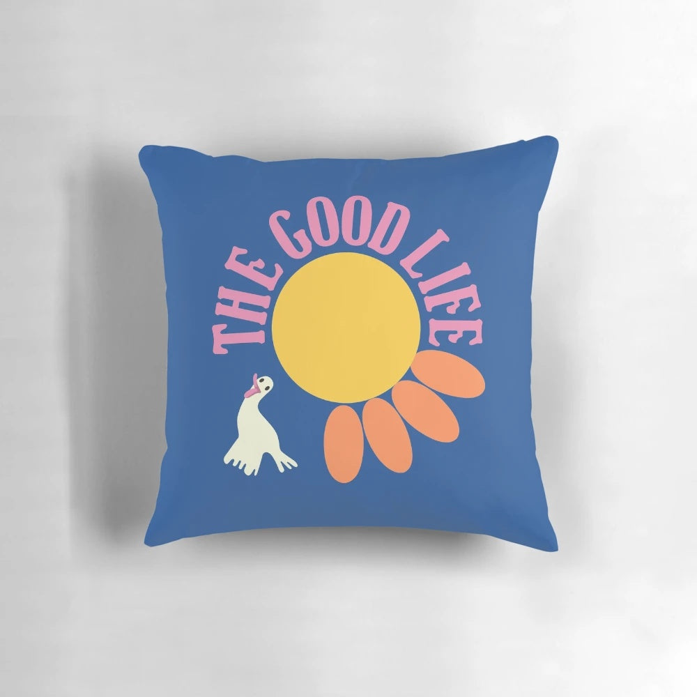 Soft, plush pillow featuring a vintage design inspired by the beloved 1970s sitcom "The Good Life"