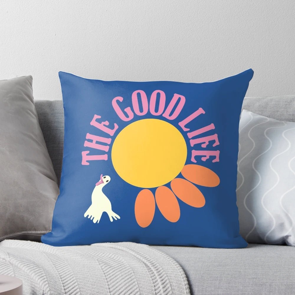 Soft, plush pillow featuring a vintage design inspired by the beloved 1970s sitcom "The Good Life"