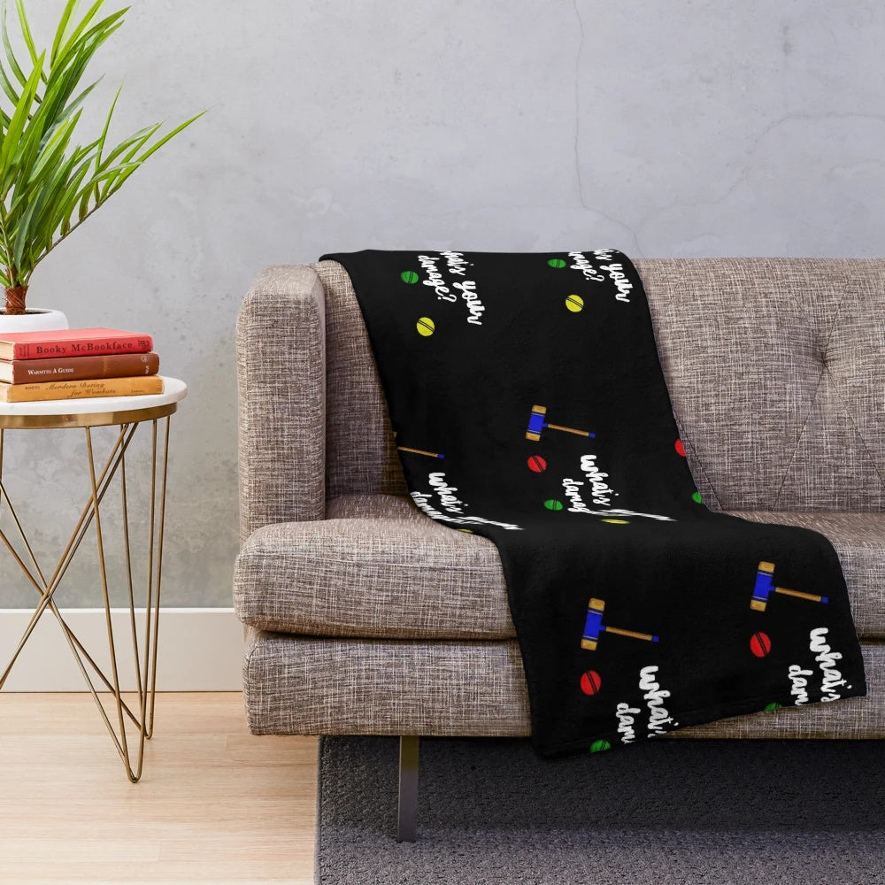 Plush blanket featuring "What's Your Damage?" quote from the cult classic 80s movie Heathers