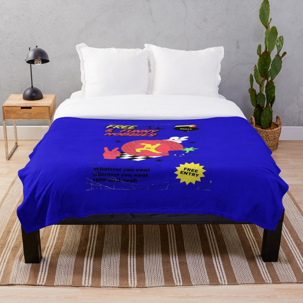 Colorful plush blanket with retro, whimsical hobby-themed design