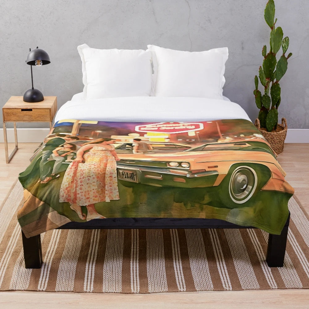Plush retro-inspired blanket with classic car and diner motifs
