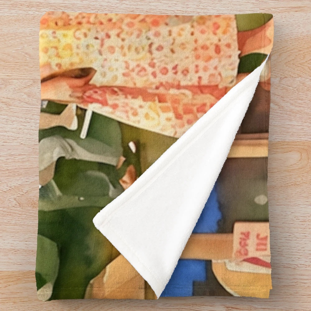 Plush retro-inspired blanket with classic car and diner motifs