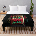 Plush blanket with a retro sci-fi inspired design featuring neon colors and fireworks
