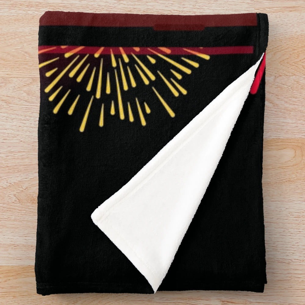 Plush blanket with a retro sci-fi inspired design featuring neon colors and fireworks