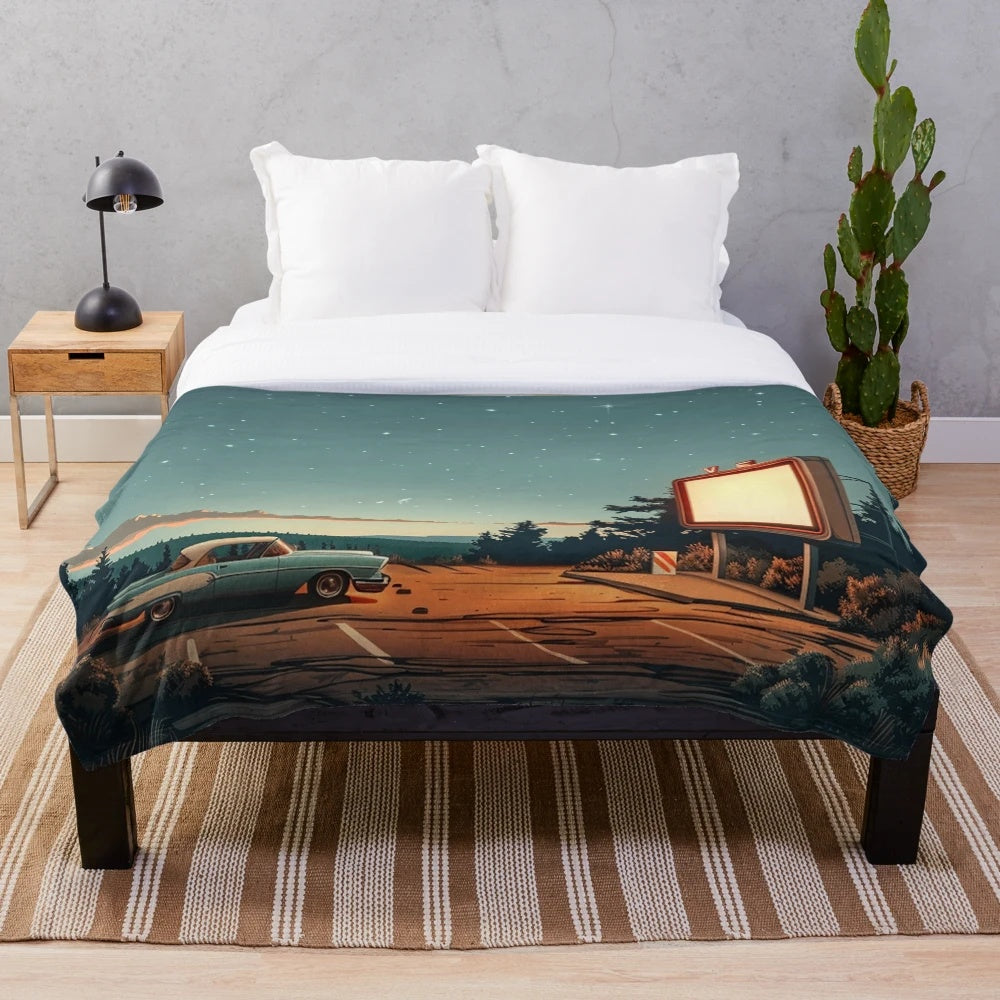 Retro plush blanket with vintage drive-in movie and car design