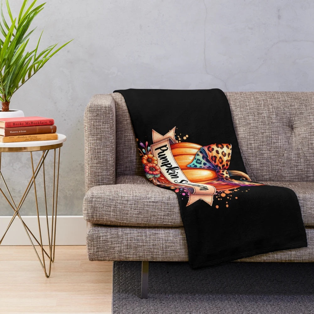 Retro fall inspired plush blanket featuring a pumpkin pattern in an autumn glam design