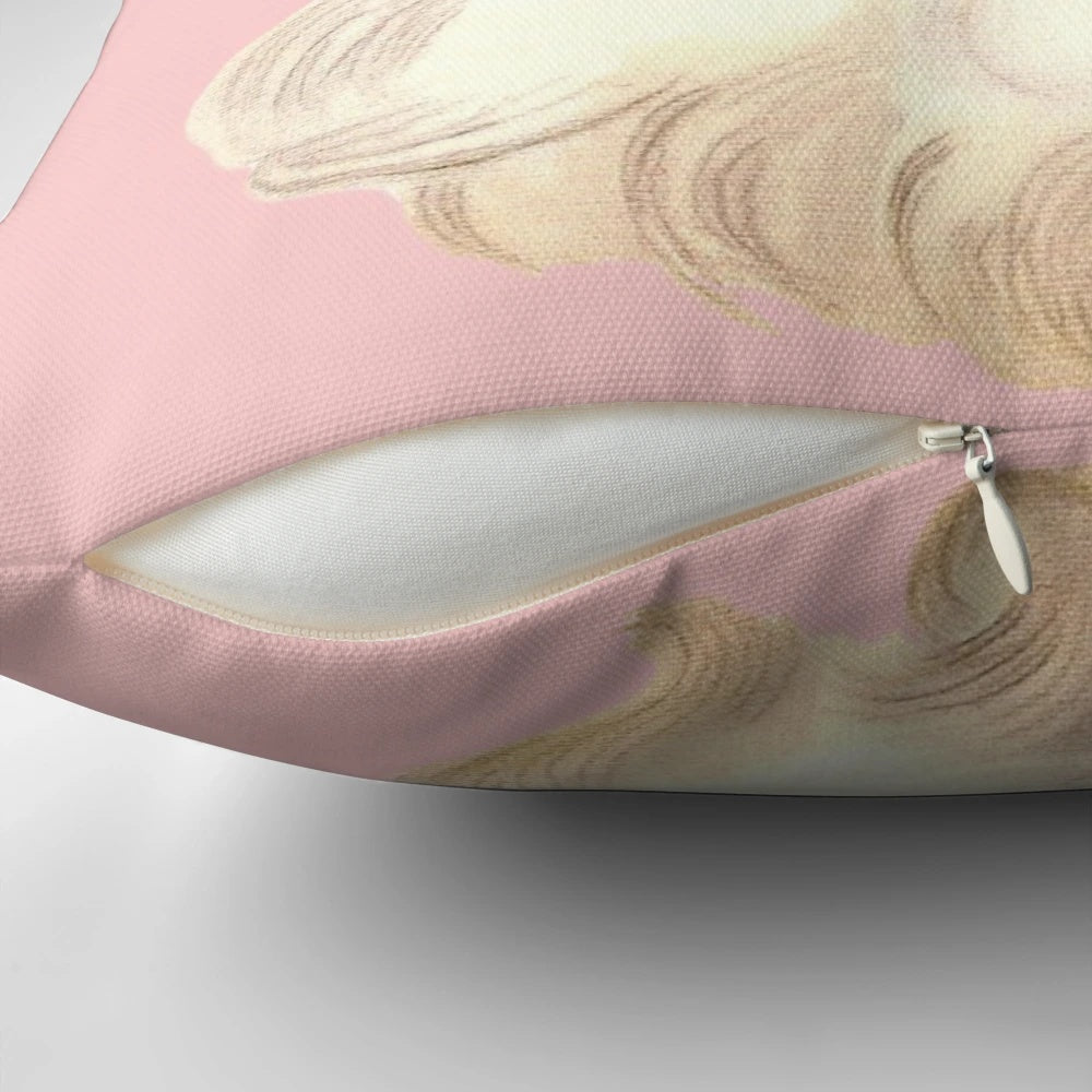 A plush, pink pillow featuring a vintage-style illustration of Santa Claus in a retro design.
