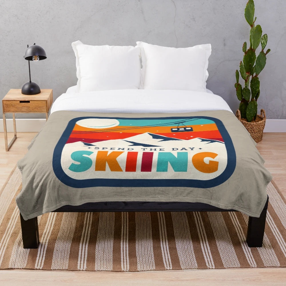 Retro ski-themed plush blanket with colorful vector graphics