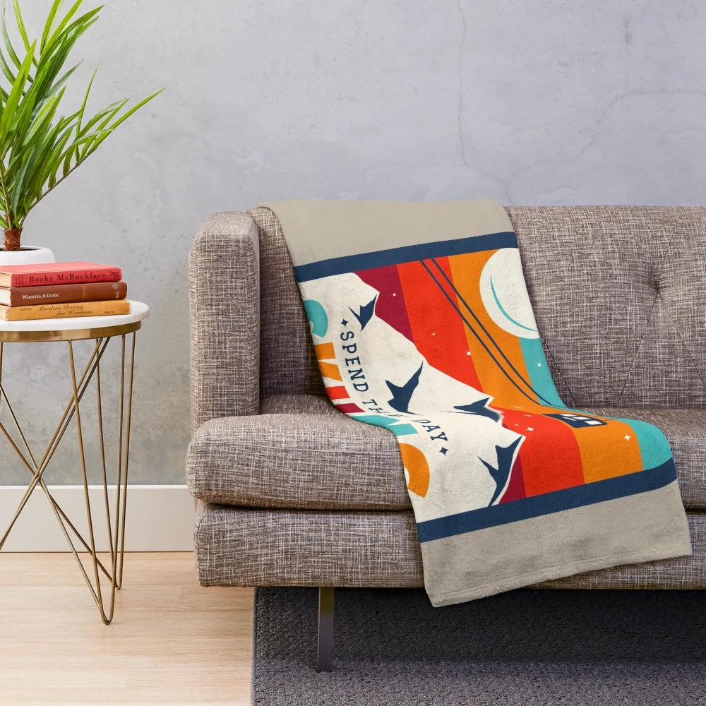 Retro ski-themed plush blanket with colorful vector graphics