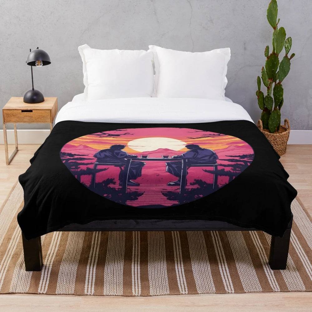 Synthwave-inspired plush blanket featuring a traditional Japanese tea scene at sunset