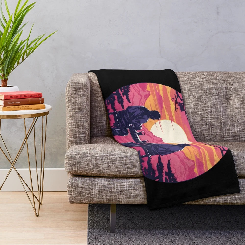 Synthwave-inspired plush blanket featuring a traditional Japanese tea scene at sunset