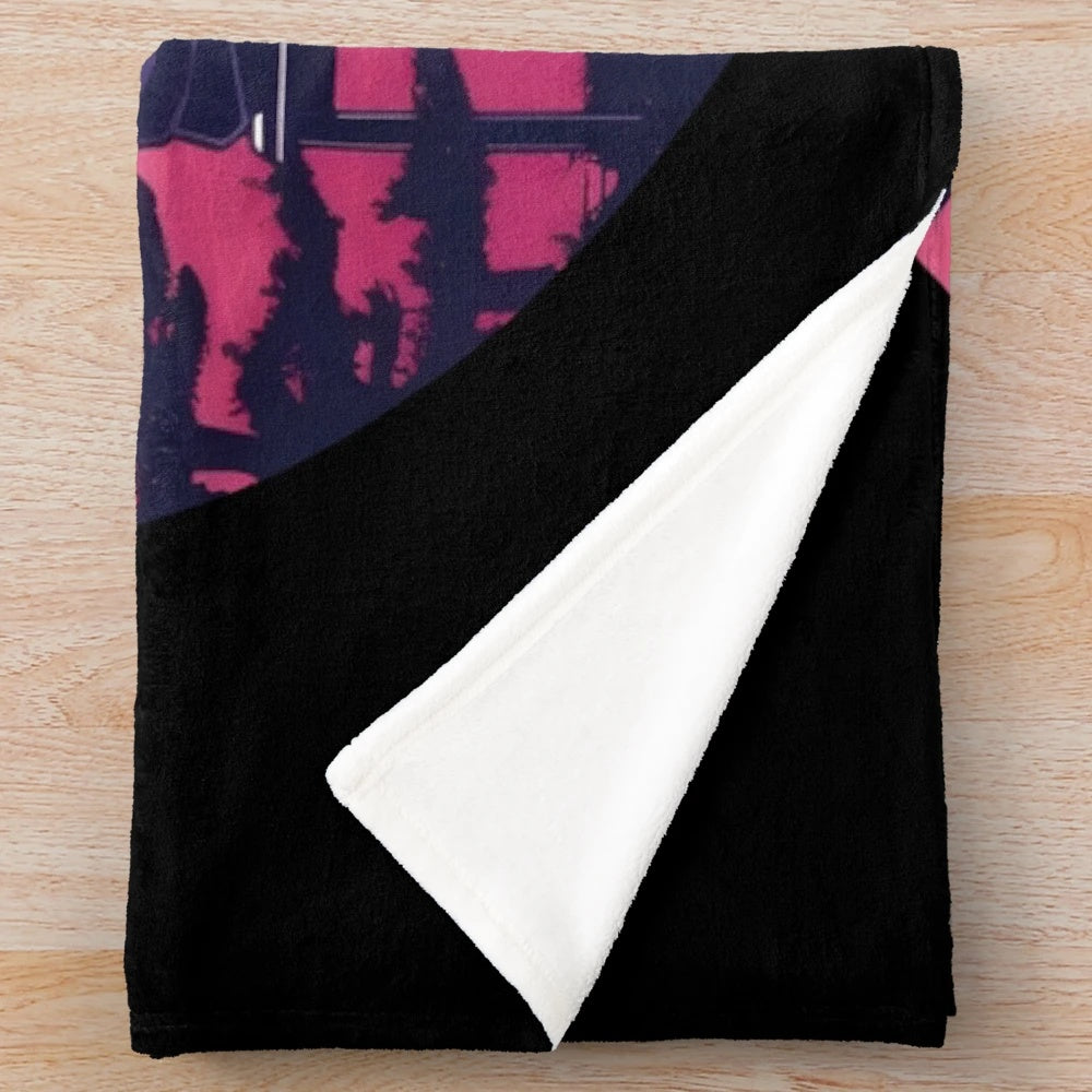 Synthwave-inspired plush blanket featuring a traditional Japanese tea scene at sunset