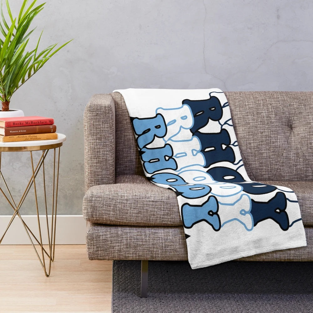 A plush blanket featuring the light blue and dark blue colors of the University of Rhode Island