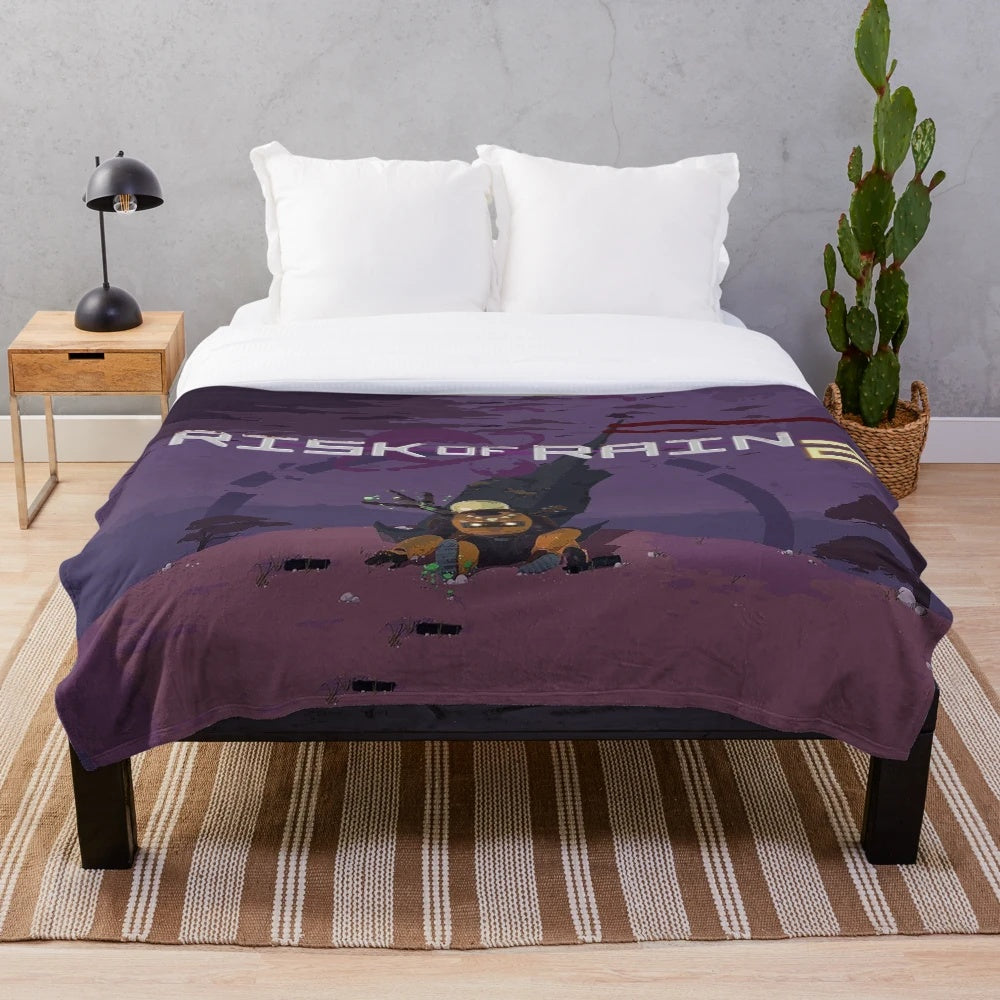 Risk of Rain inspired plush blanket with game-themed design
