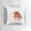 Soft, plush pillow featuring a robin redbreast bird in a snowy, frosty winter scene