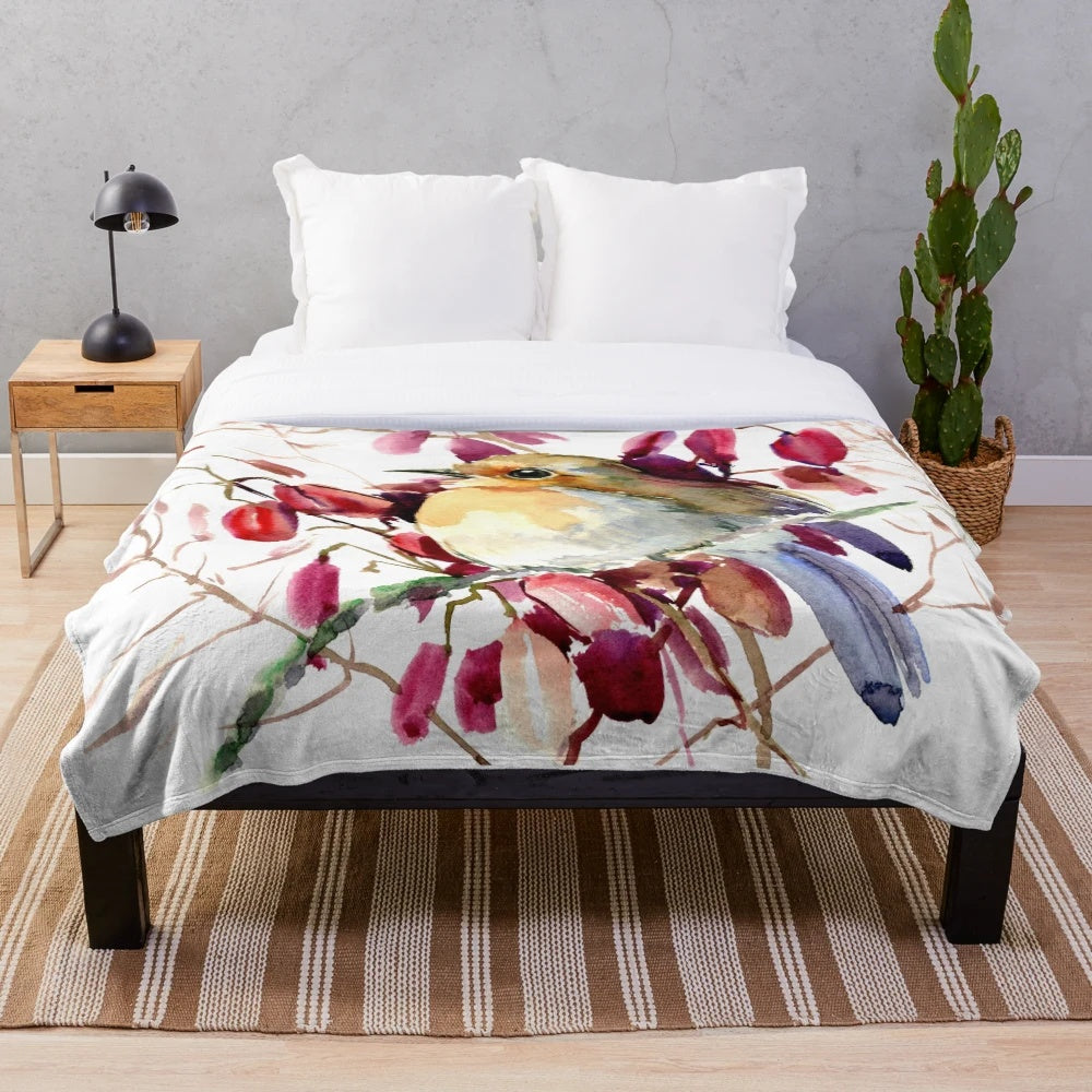 Cozy robin bird plush blanket with watercolor art design