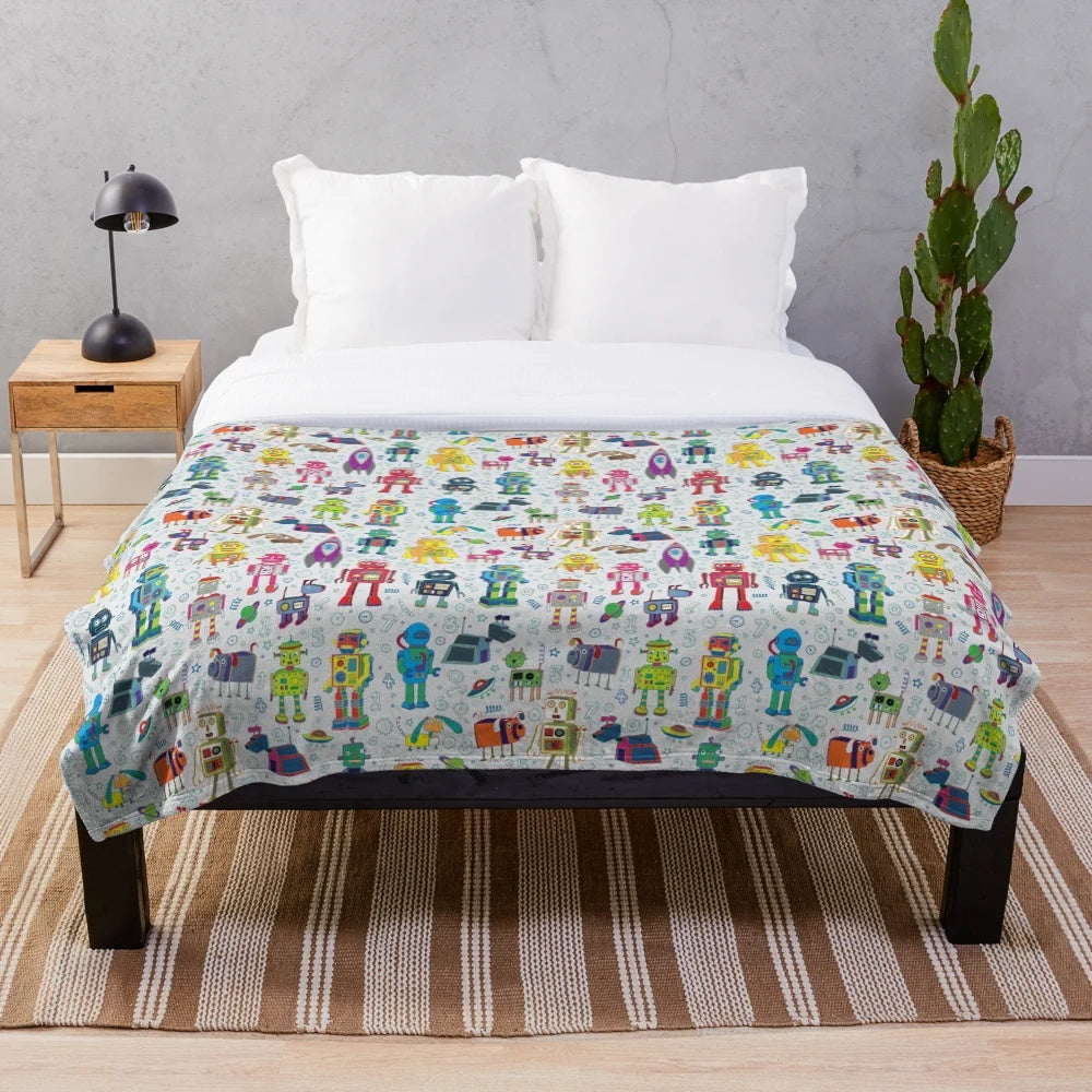 Robots in Space - grey - fun Robot pattern Plush Blanket