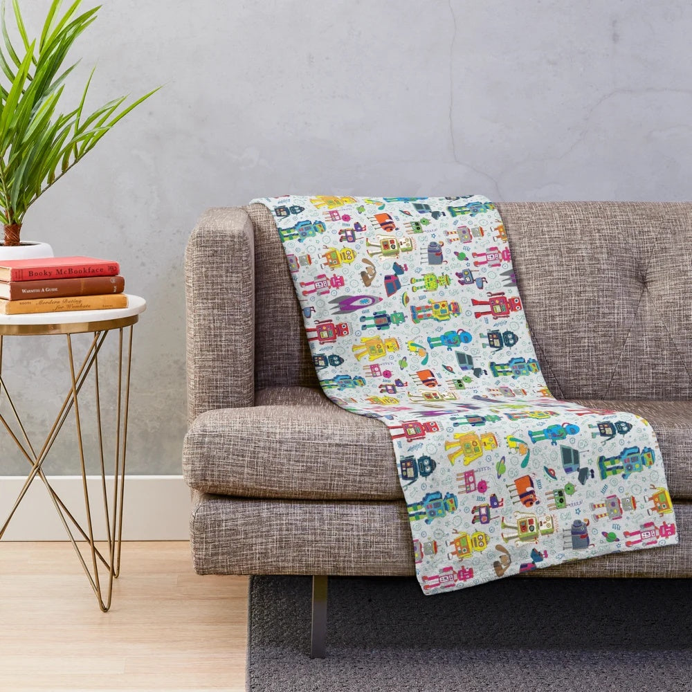 Robots in Space - grey - fun Robot pattern Plush Blanket