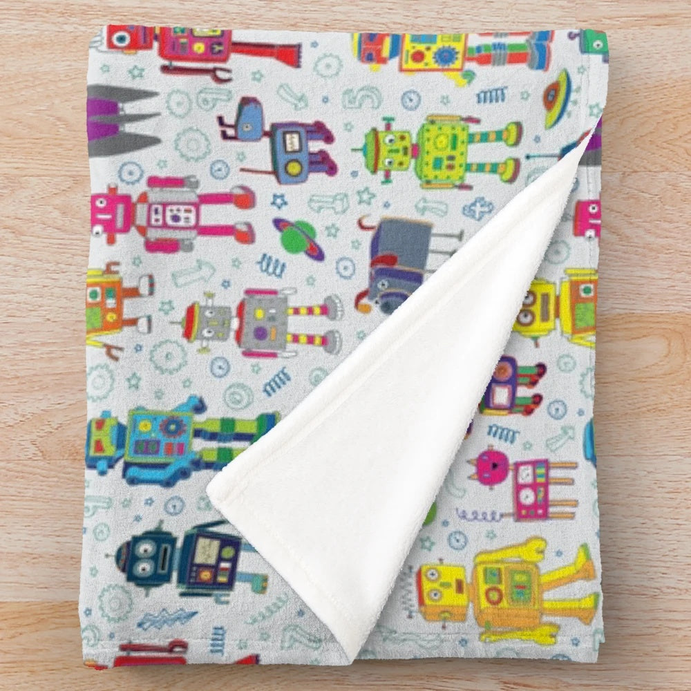 Robots in Space - grey - fun Robot pattern Plush Blanket