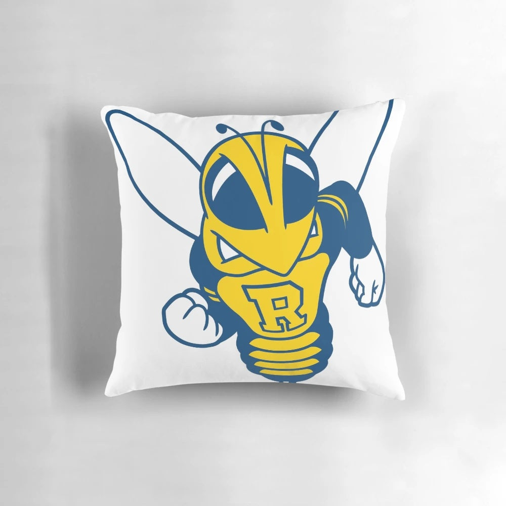 ROCKY University of Rochester logo printed on a plush and comfortable pillow