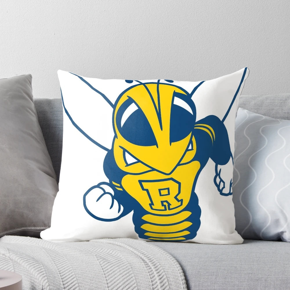 ROCKY University of Rochester logo printed on a plush and comfortable pillow