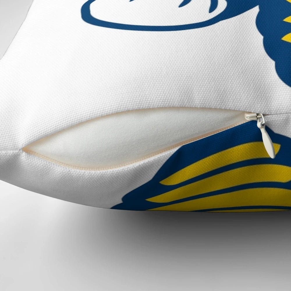 ROCKY University of Rochester logo printed on a plush and comfortable pillow