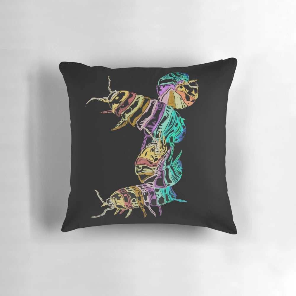 Colorful decorative pillow featuring a doodle of playful roly poly bugs