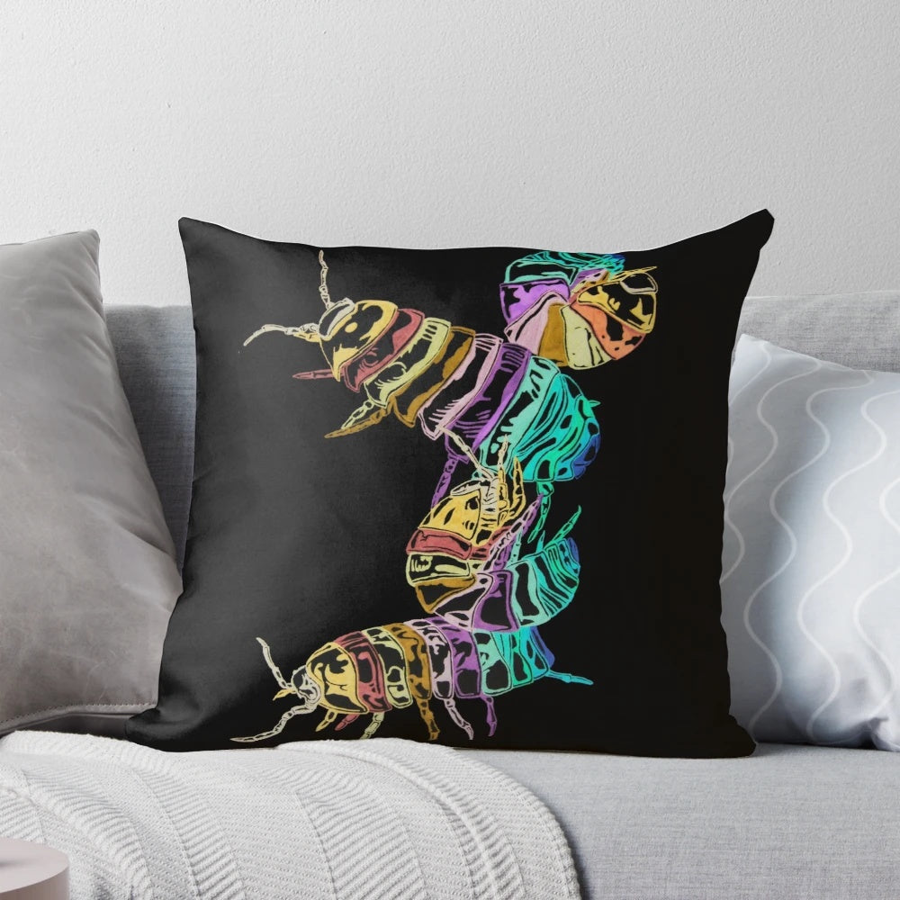 Colorful decorative pillow featuring a doodle of playful roly poly bugs