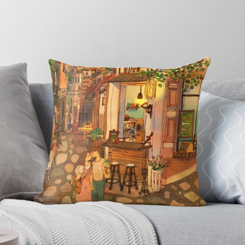Puuung Illustration No.320 Pillow depicting a romantic couple in a cozy street scene