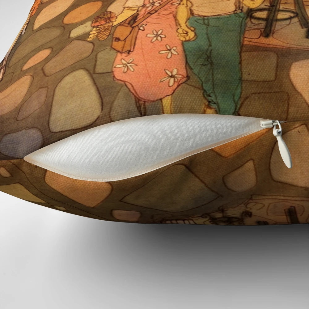 Puuung Illustration No.320 Pillow depicting a romantic couple in a cozy street scene