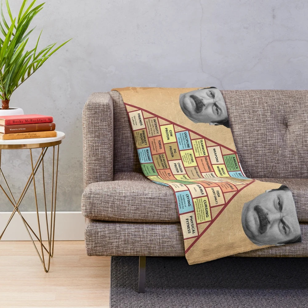 Ron Swanson themed plush blanket with Parks and Recreation design
