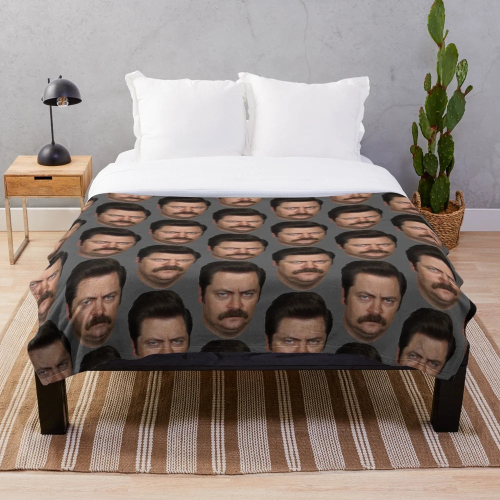 Ron Swanson-inspired plush blanket featuring the iconic character from the comedy TV series Parks and Recreation