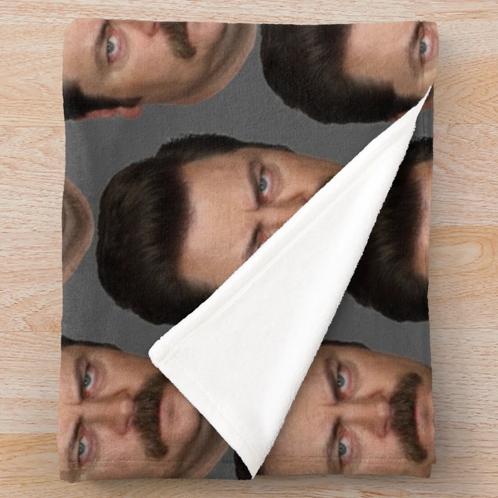 Ron Swanson-inspired plush blanket featuring the iconic character from the comedy TV series Parks and Recreation