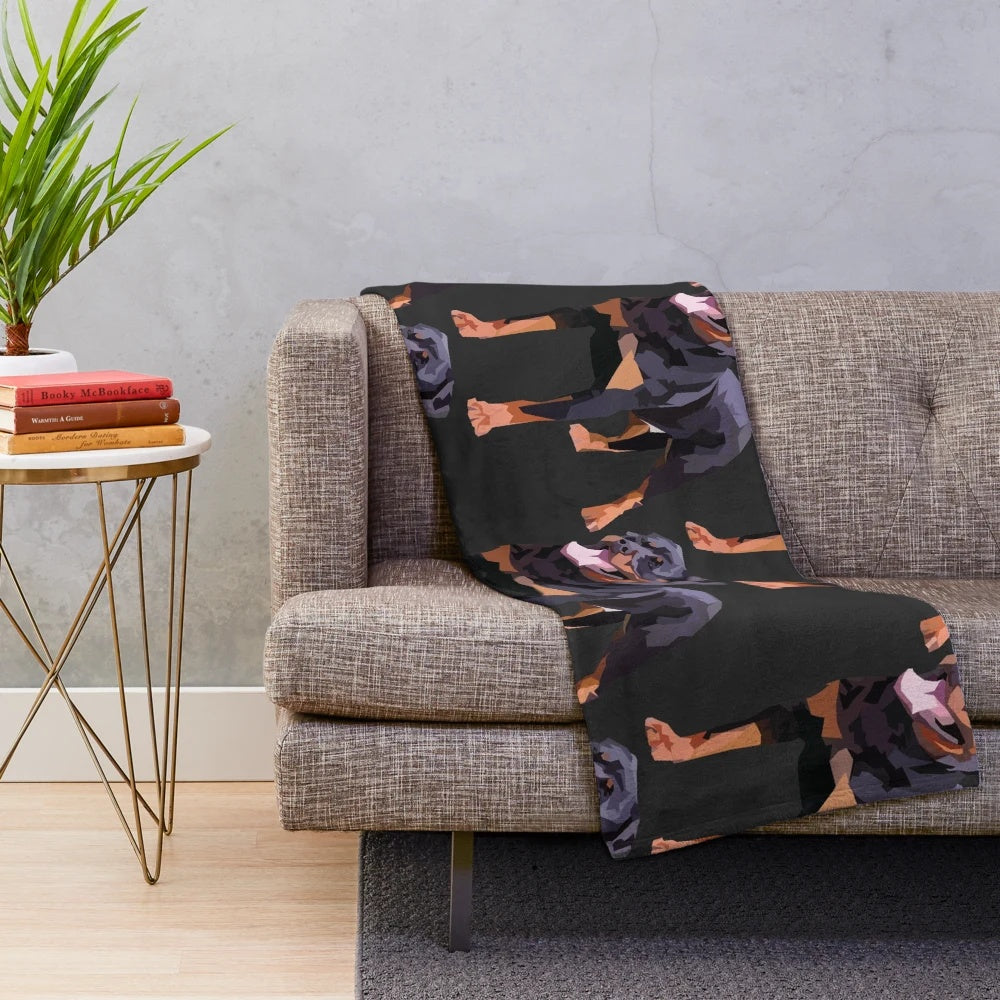 Rottweiler plush blanket in black and tan colors