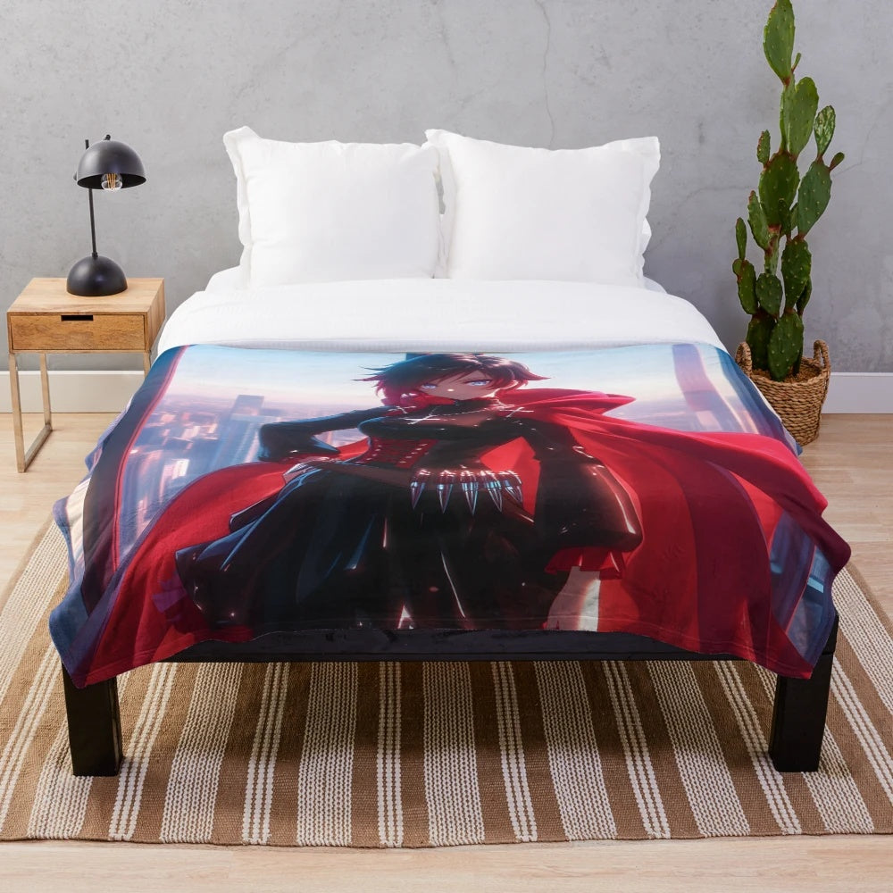 Colorful minimalist plush blanket featuring a fan art design of Ruby Rose from the anime series RWBY