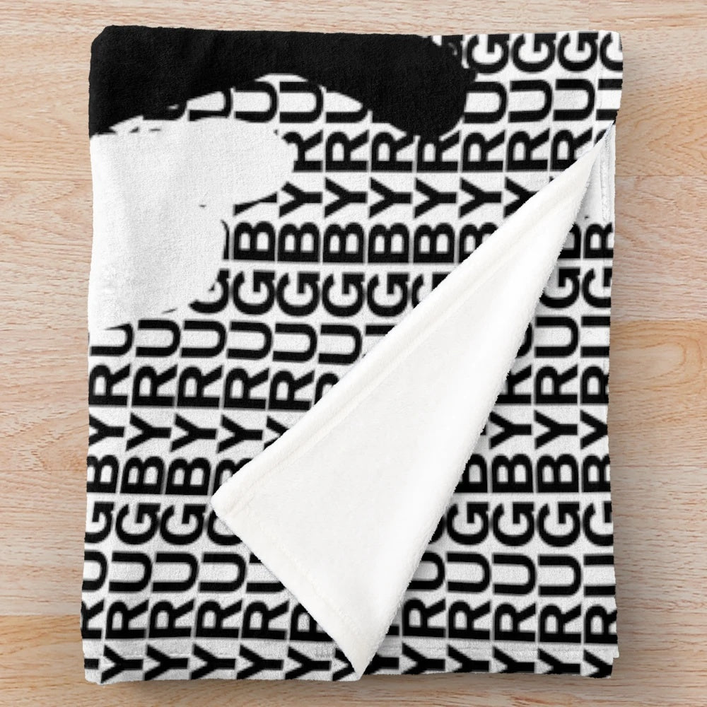 Rugby-themed plush blanket in black and white